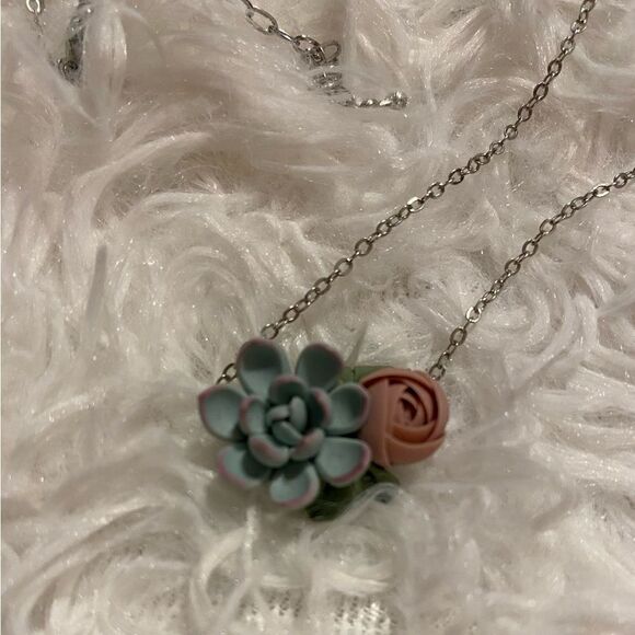 Succulent Polymer Clay Necklace on Silver Chain - Picture 3 of 4